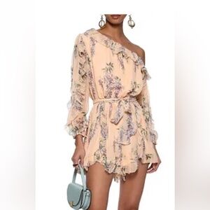 Zimmermann Peach Floral One-Shoulder Ruffle Romper